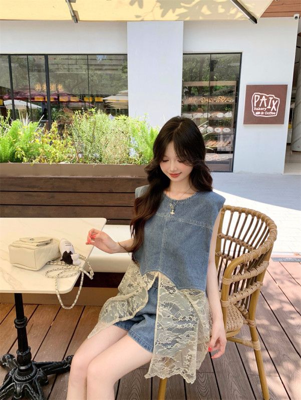 여성 빈티지 데님 민소매 나시 레이스 시스루 숏팬츠 투피스 세트 데일리룩 데이트룩 바캉스룩 봄 여름 - 상세 이미지 5
