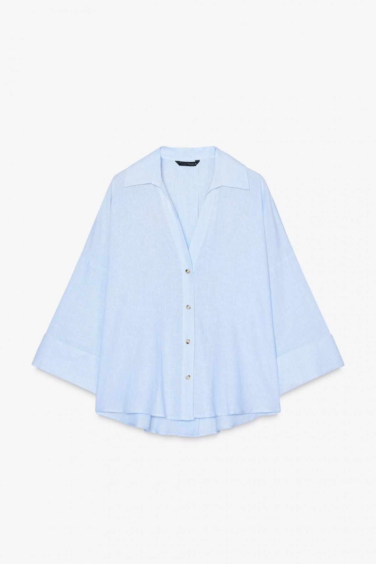 자라 린넨블렌드 와이드슬리브 브이넥 셔츠 3457/734 WHITE / SKY BLUE - 메인 이미지