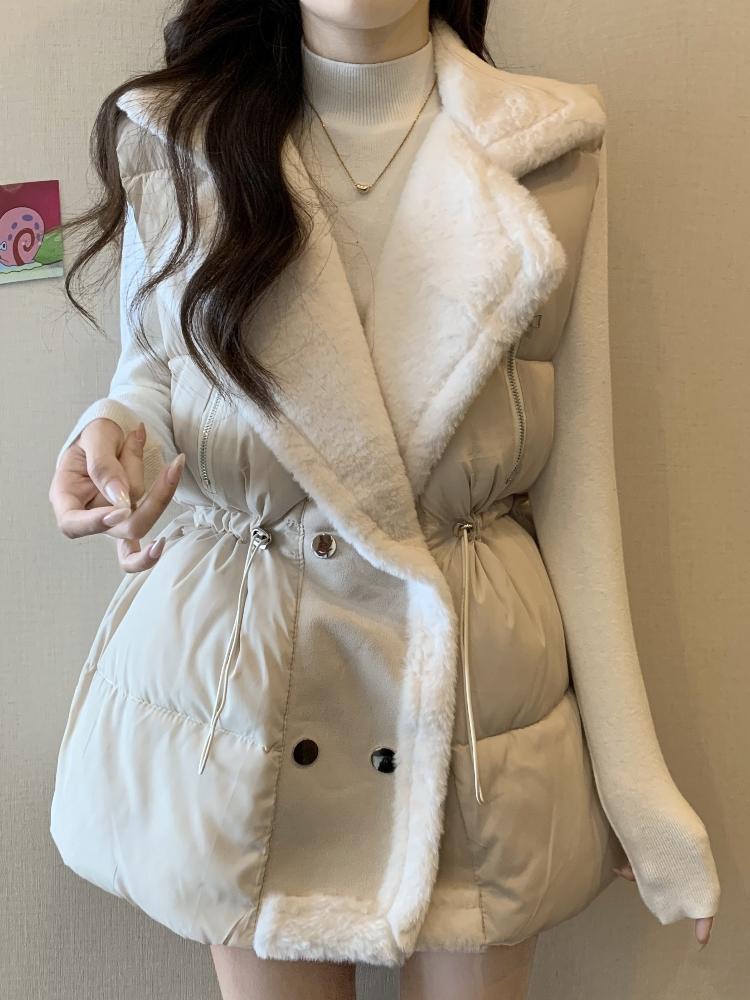 겨울조끼 빅사이즈 패딩조끼 누빔 베스트 퍼 카라 오프화이트 M - 메인 이미지