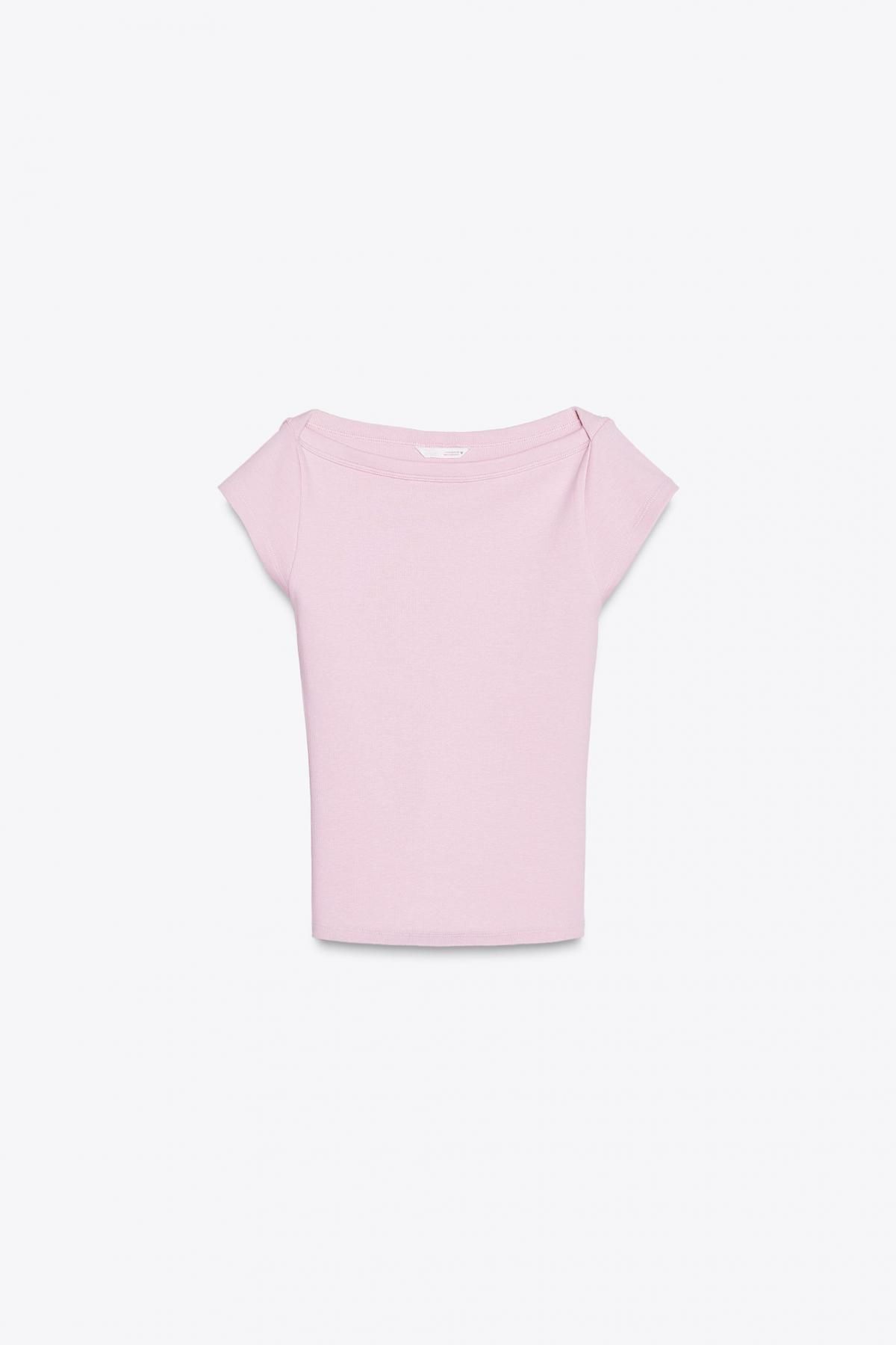자라 슬림핏 보트넥 립 반팔 티셔츠 4424/302 PINK - 메인 이미지