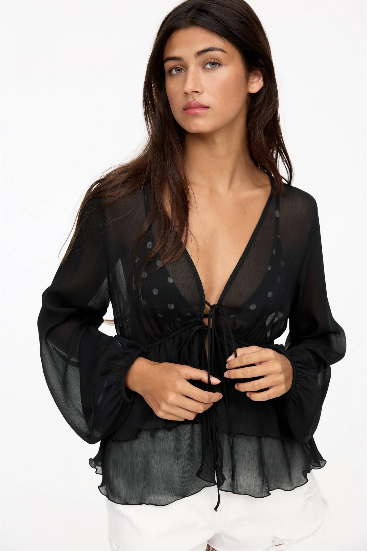 풀앤베어 시스루 러플 브이넥 루즈핏 블라우스 3474/374 BLACK - 상세 이미지 5