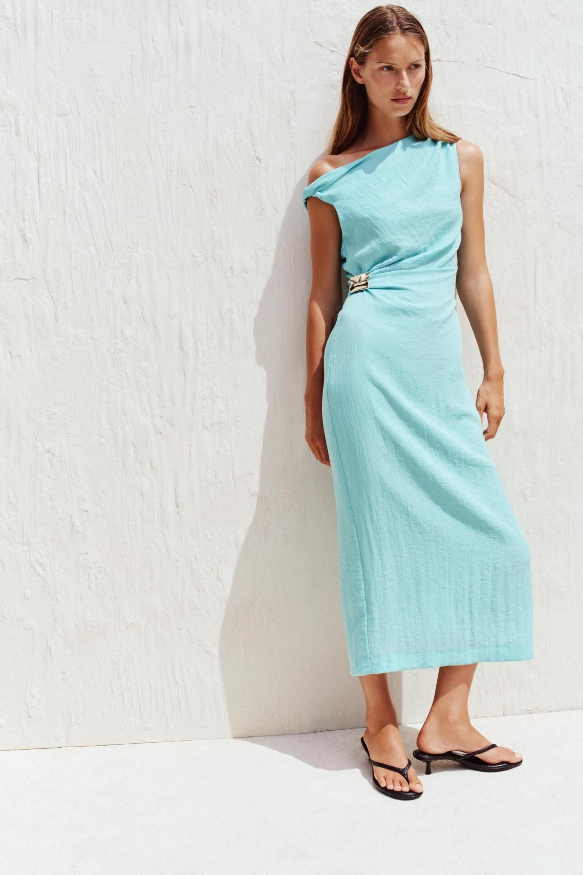 자라 골드 아플리케 비대칭 미디 원피스 8037/392 TURQUOISE - 상세 이미지 3