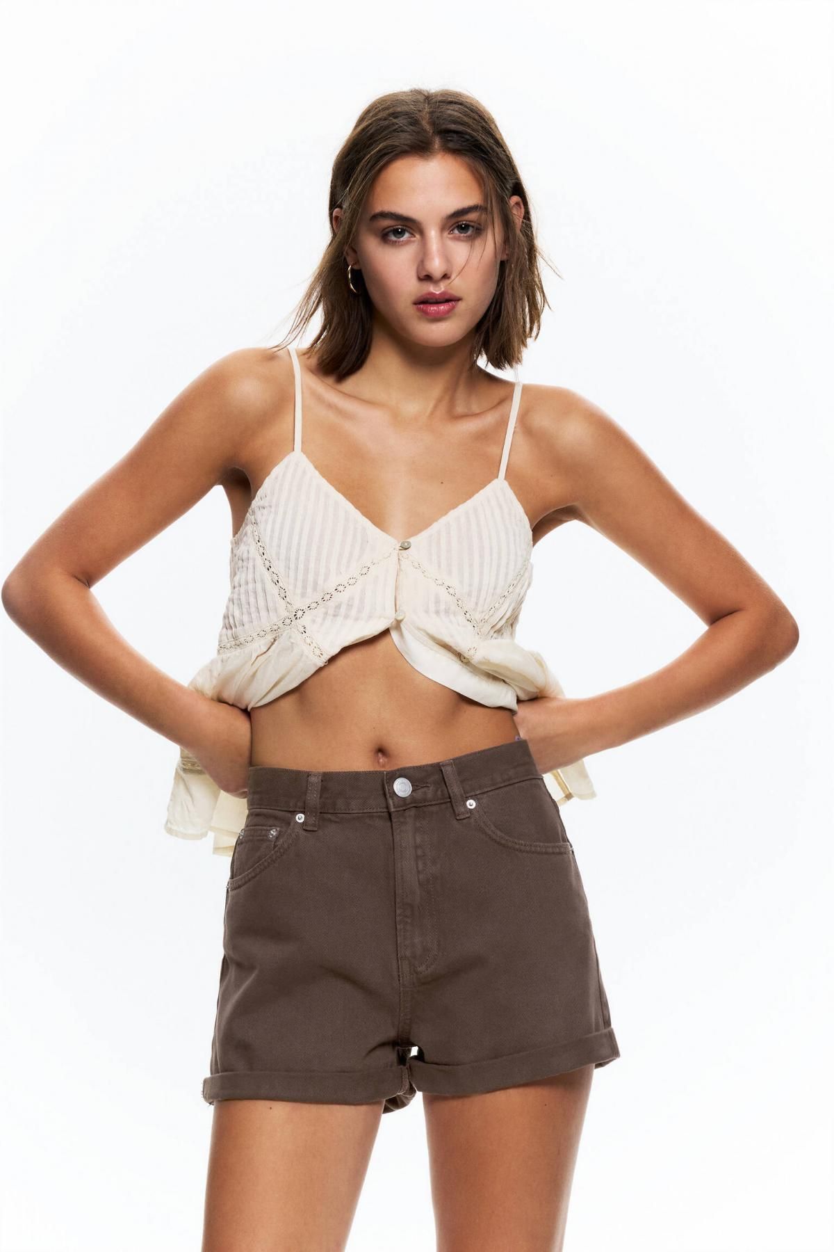 풀앤베어 트렌디 하이웨이스트 데님 턴업 맘핏 쇼츠 3697/302 BROWN - 상세 이미지 3