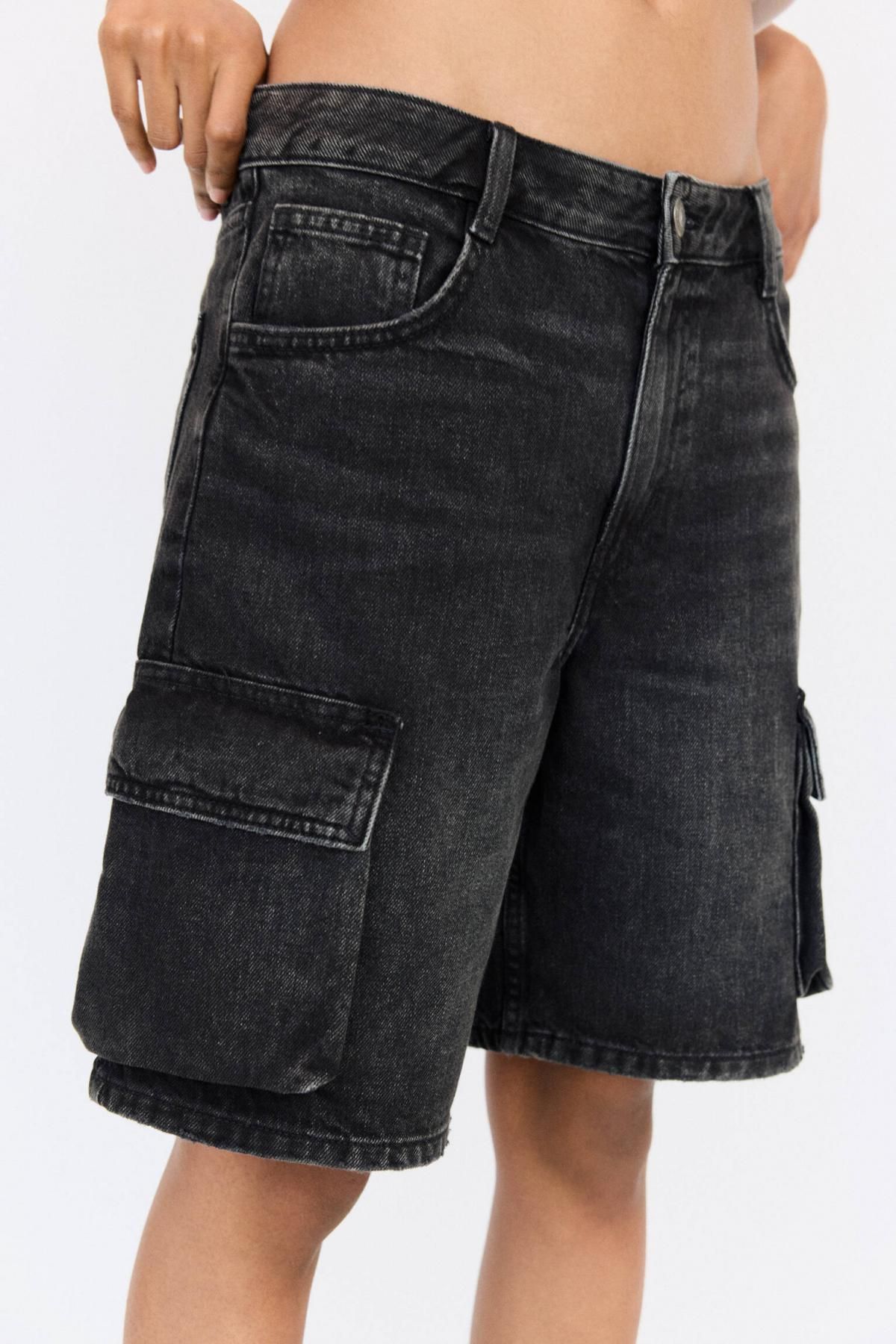 풀앤베어 테크니컬 데님 카고 버뮤다 반바지 7698/200 BLACK - 상세 이미지 4