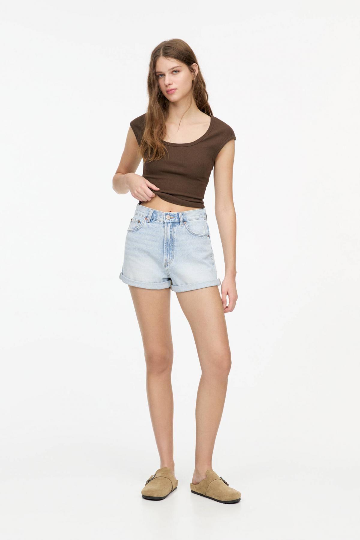 풀앤베어 연청 하이웨이스트 데님 턴업 맘핏 반바지 3697/302 PALE BLUE - 상세 이미지 5