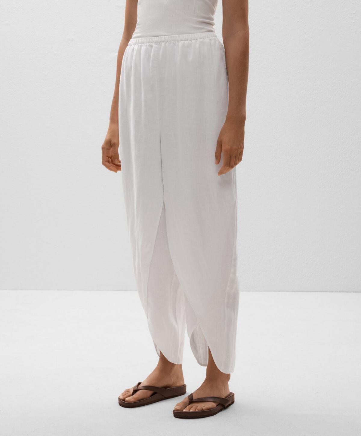 오이쇼 린넨 와이드 배럴 팬츠 라운드 슬릿 웨이스트 3361/873 WHITE - 상품 이미지