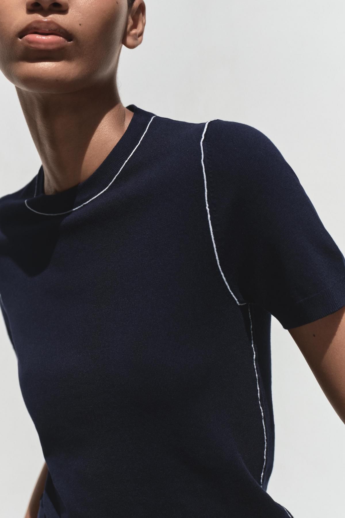 자라 미니멀 라운드넥 파이핑 반팔 니트탑 3390/008 NAVY / WHITE - 상세 이미지 3