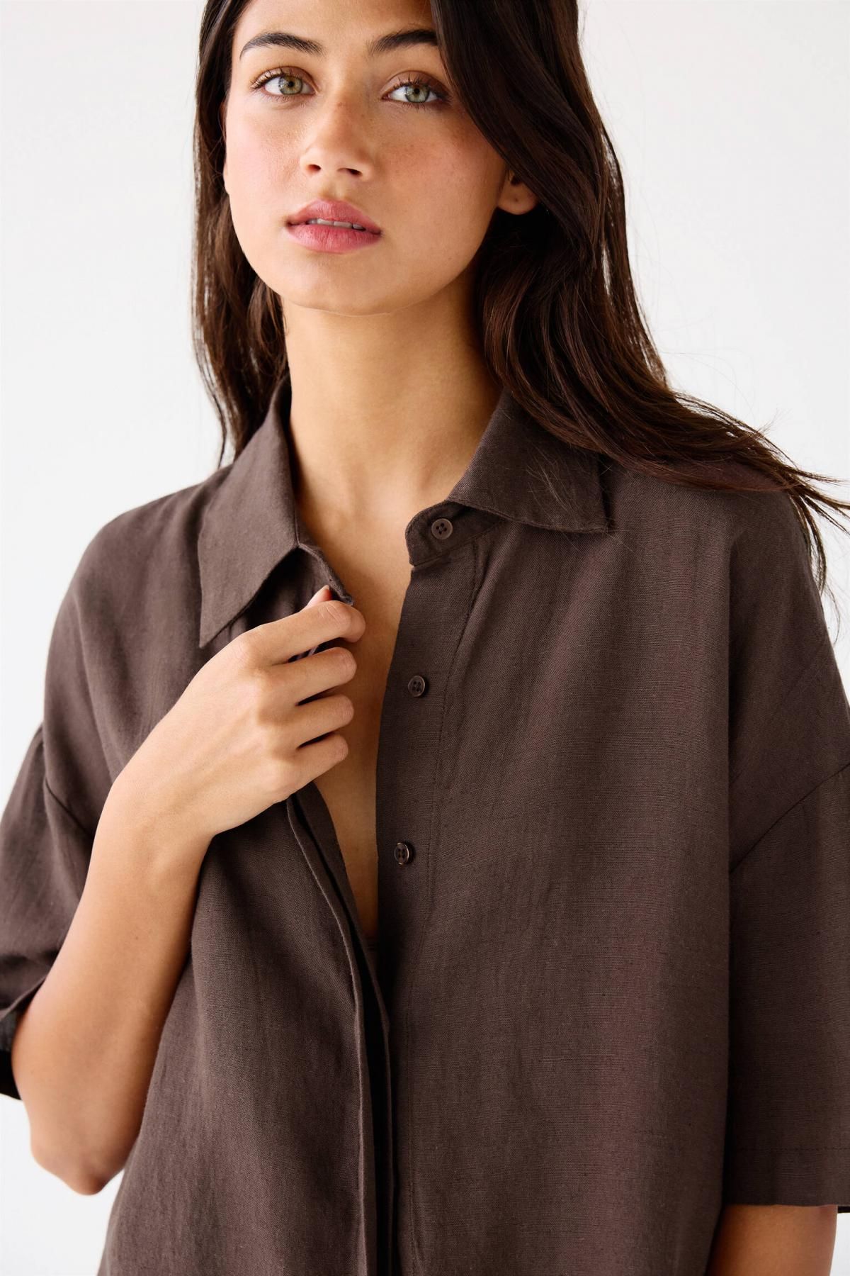 풀앤베어 내추럴 린넨 블렌드 반팔 셔츠 7472/336 BROWN - 상세 이미지 5