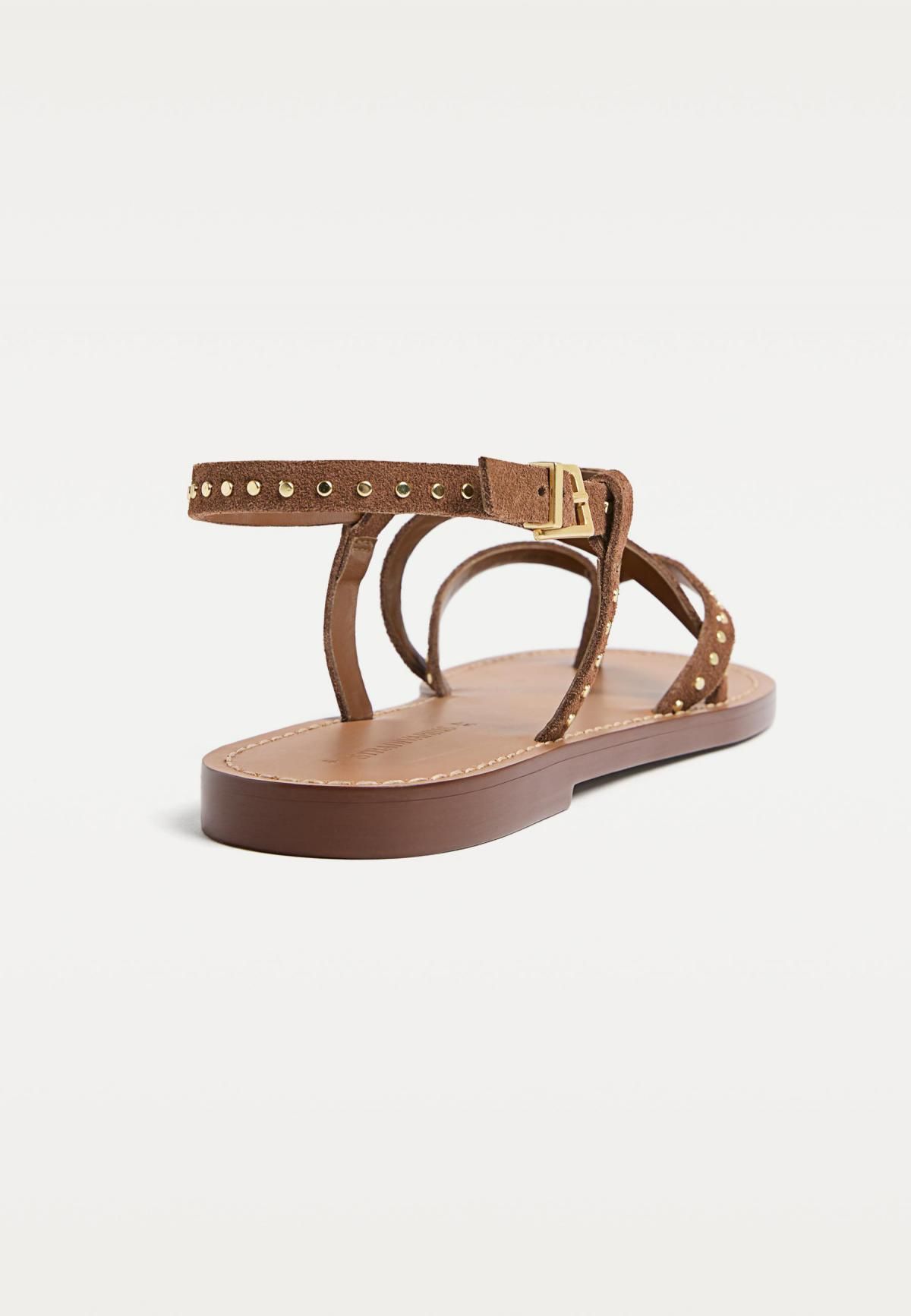 스트라디바리우스 스터드 스트랩 플랫 레더 샌들 9752/670 BROWN - 상세 이미지 3