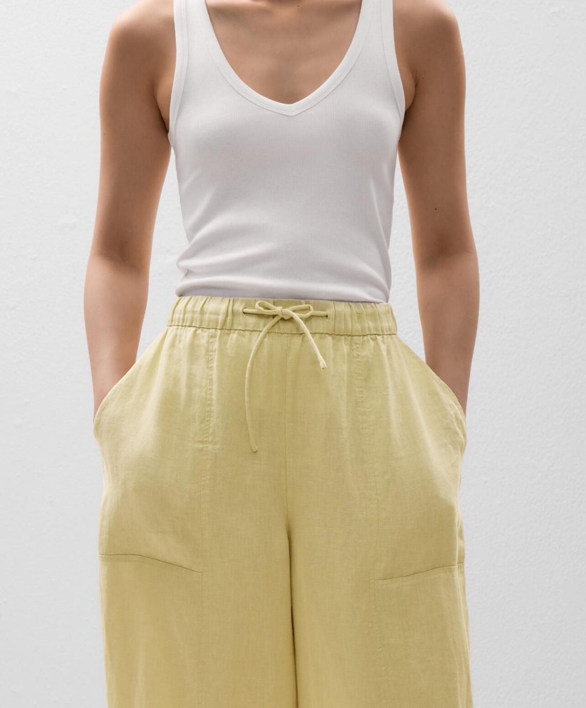 오이쇼 라이트옐로우 100 린넨 배럴 와이드 팬츠 3339/047 WASHEDLIME - 상세 이미지 3