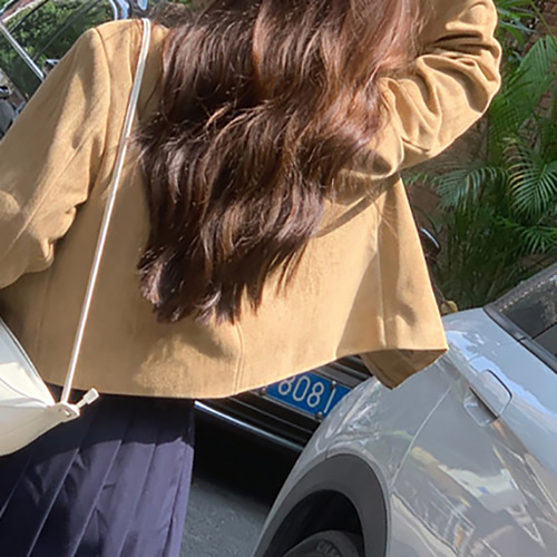 (YY) 멋스러운 여성 크롭 자켓 심플 스웨이드 숏 집업 재킷 클래식 캐주얼 데일리룩 아우터 - 상세 이미지 5