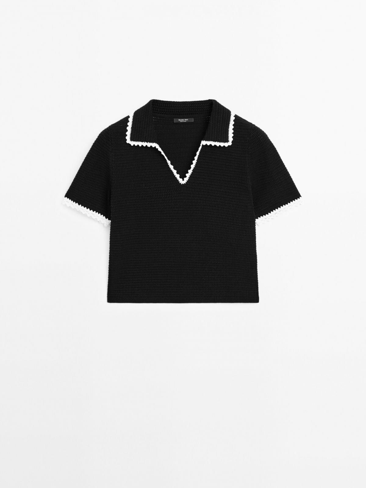 마시모두띠 크로셰 브이넥 코튼 니트 반팔 카라 티셔츠 5731/683 BLACK - 메인 이미지