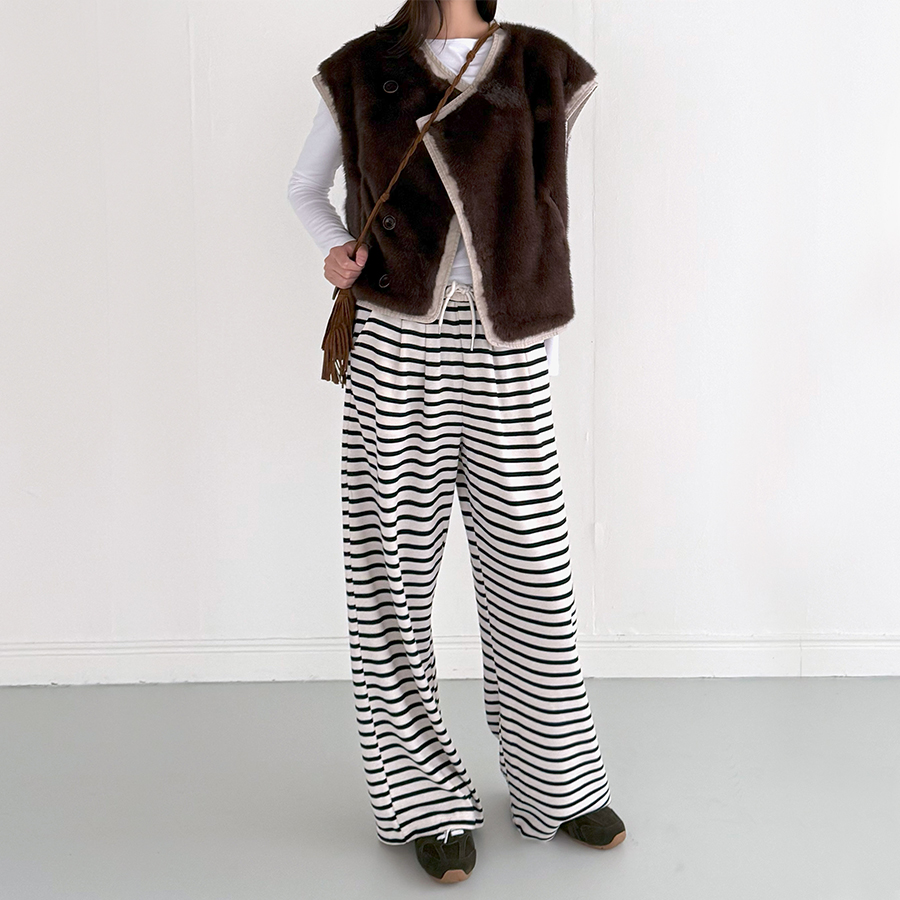 단가라 와이드 밴딩 팬츠 일상 꾸안꾸 데일리 바지 넉넉한 핏 - 상세 이미지 2