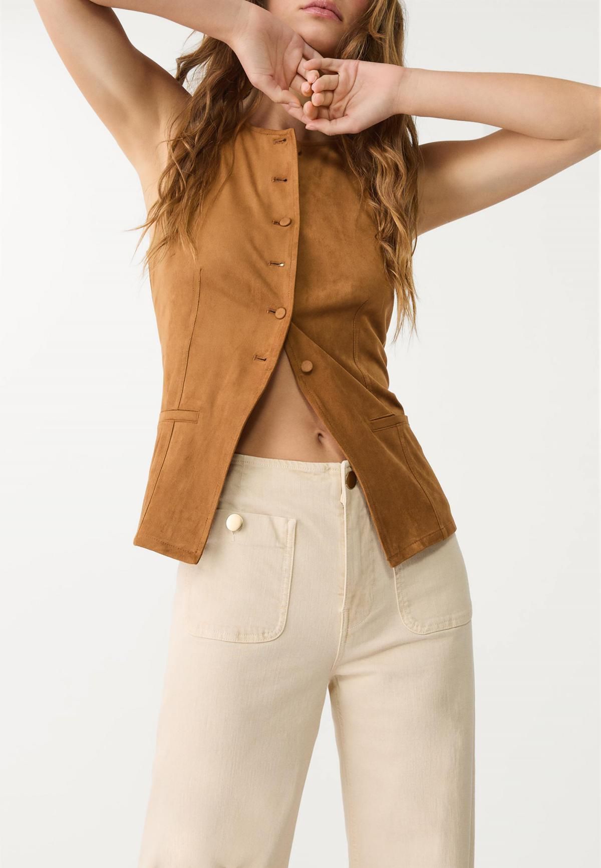 스트라디바리우스 미니멀 하이웨이스트 와이드 팬츠 골드 버튼 포켓 1477/777 STONE - 상세 이미지 3