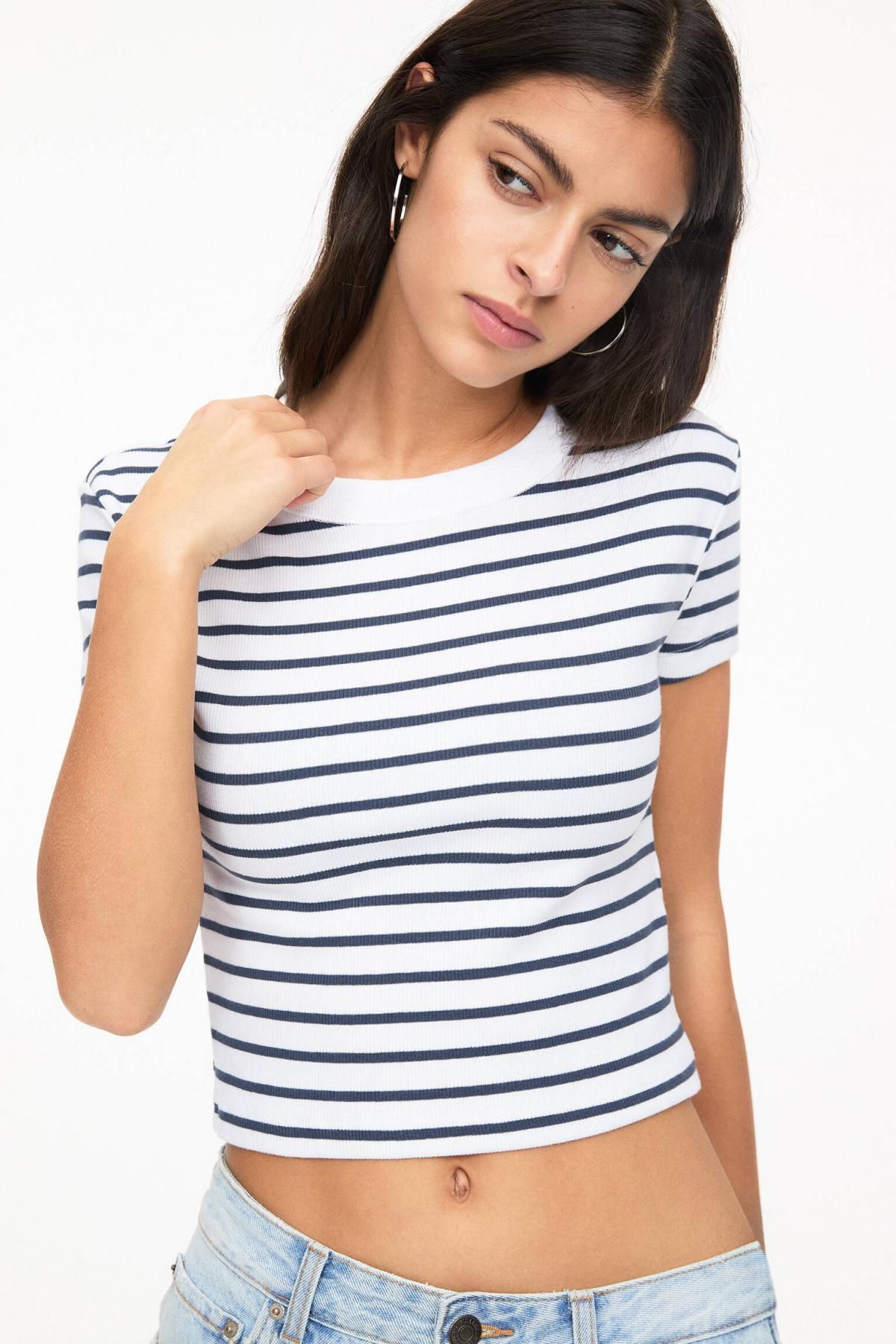 풀앤베어 스트라이프 크롭 립 반팔 티셔츠 3245/328 STRIPED - 상세 이미지 5