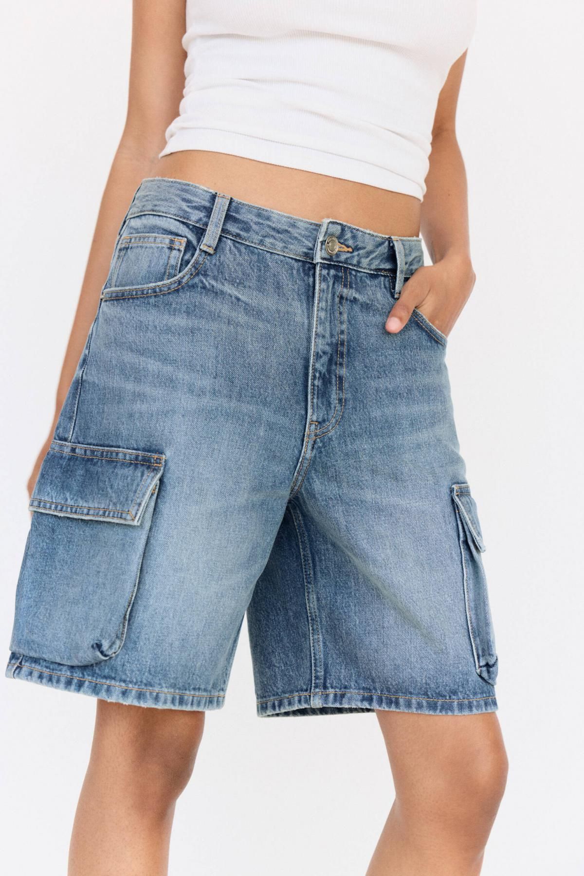 풀앤베어 트렌디 데님 카고 버뮤다 반바지 7698/200 MEDIUM BLUE - 상세 이미지 4
