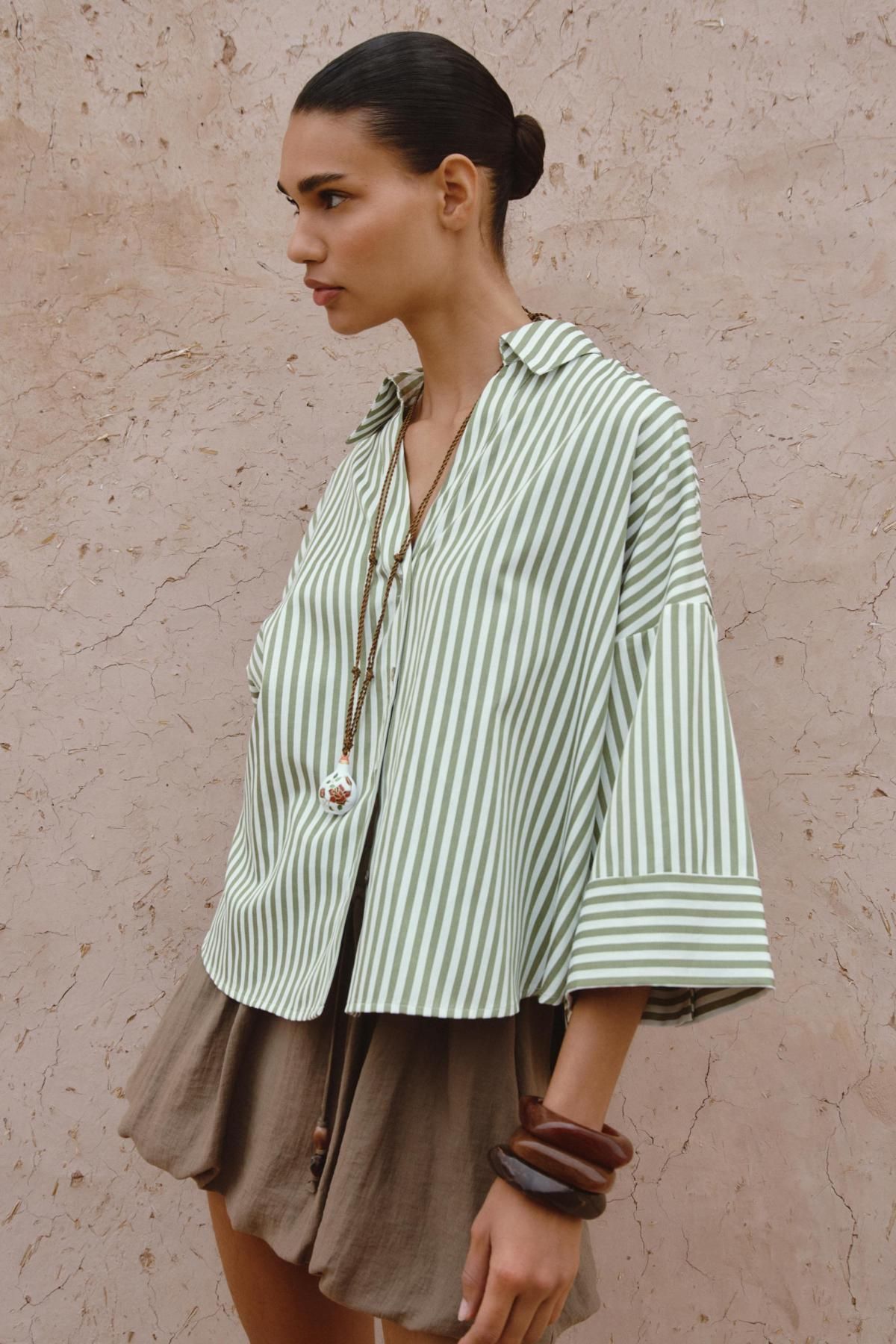 자라 오버핏 스트라이프 브이넥 턴업소매 셔츠 8741/097 GREEN STRIPE - 상세 이미지 3