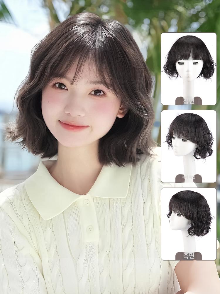 여성 인모 진짜머리 단발머리 웨이브 펌 가발 항암가발 상단 중앙 웨이브 내추럴블랙 - 상품 이미지