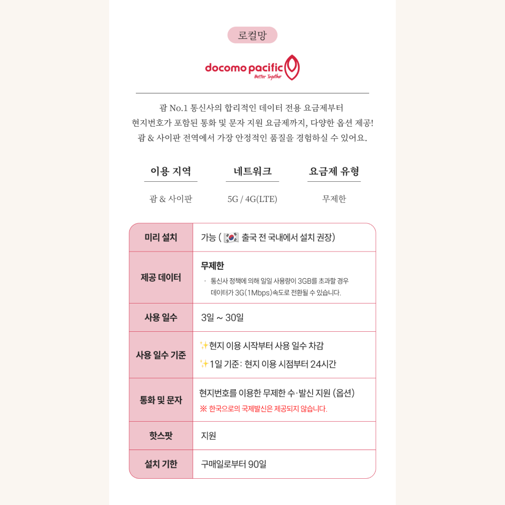괌 사이판 이심 eSIM 5G 로컬망 티니안 로타 무제한 도코모퍼시픽 3일 4일 5일 e심 이미지 4