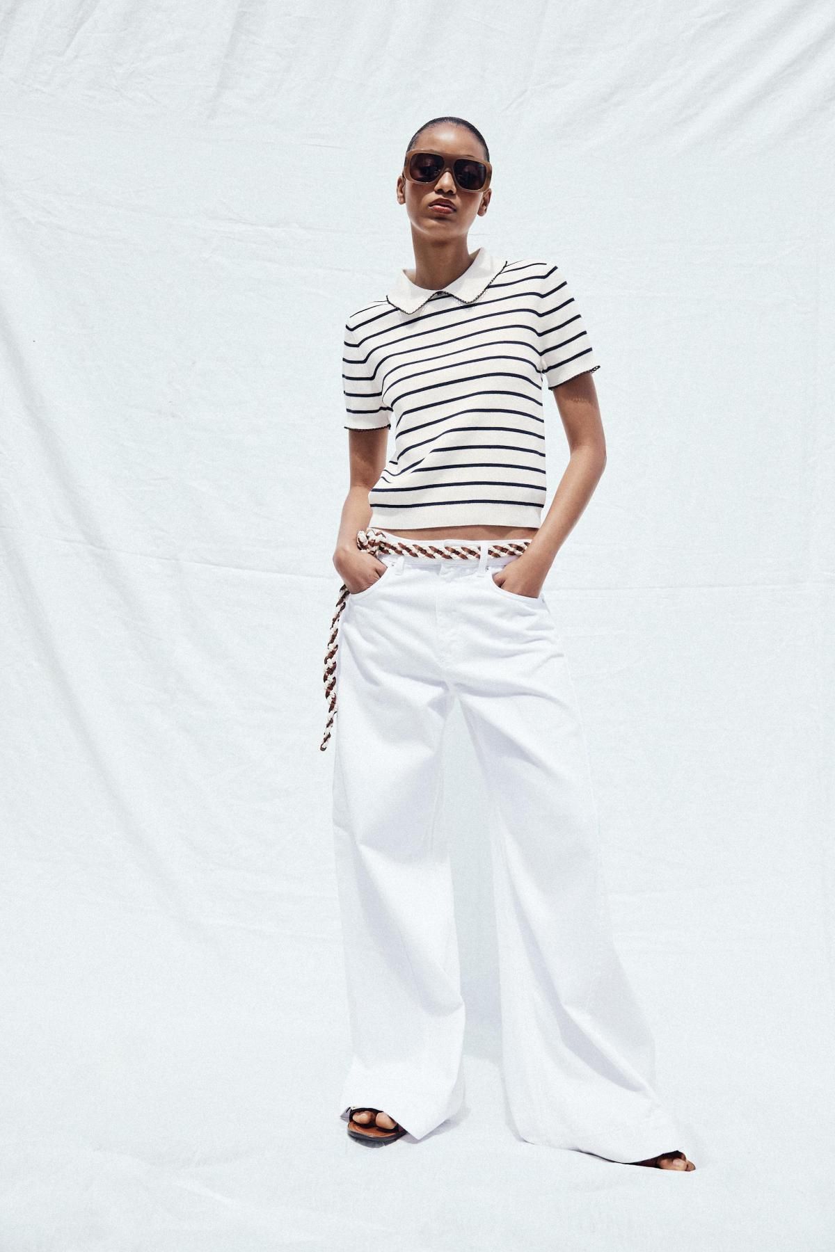 자라 스트라이프 카라 라인 배색 니트 반팔 탑 2142/040 STRIPED - 상세 이미지 2