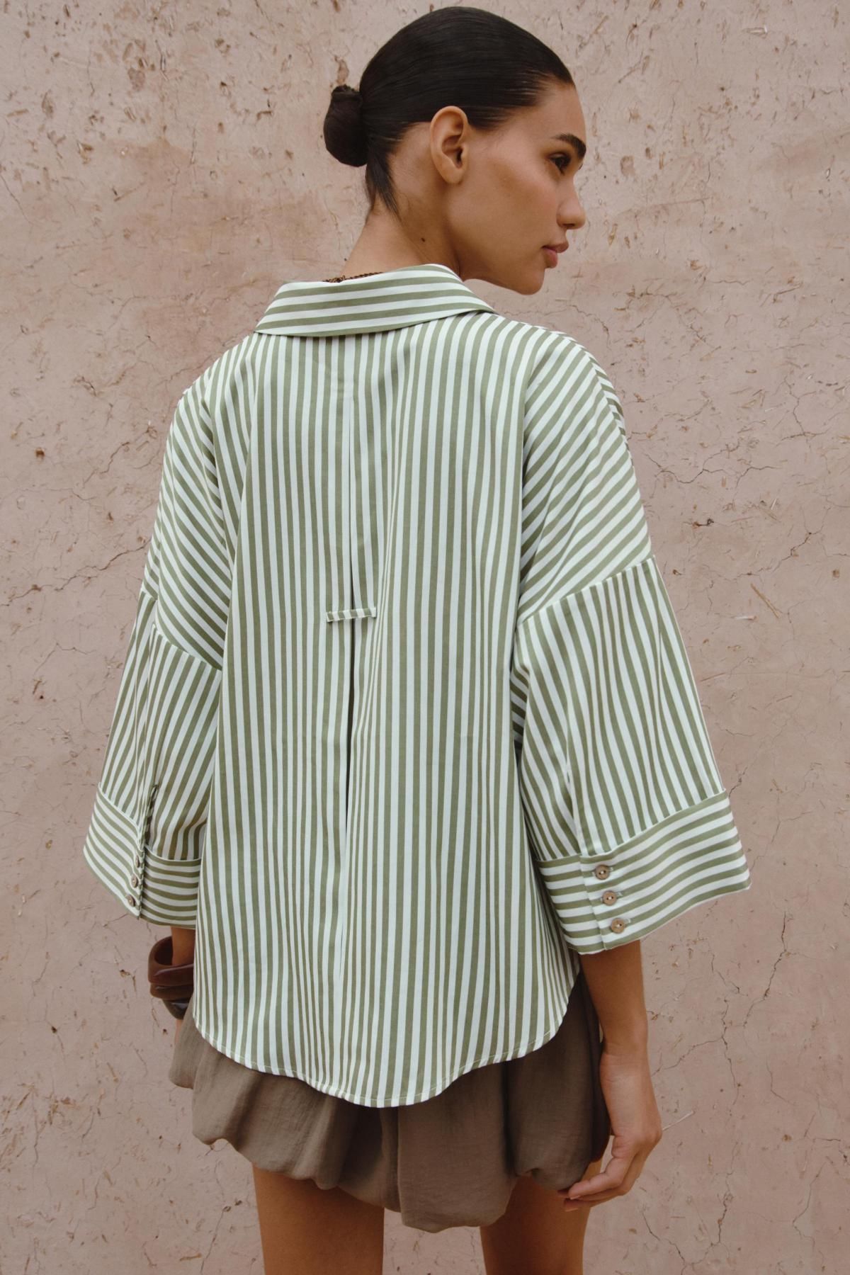 자라 오버핏 스트라이프 브이넥 턴업소매 셔츠 8741/097 GREEN STRIPE - 상세 이미지 5