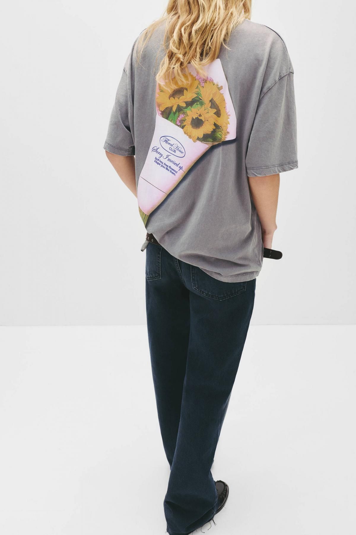 풀앤베어 오버핏 플라워 부케 그래픽 코튼 반팔 티셔츠 7151/380 GREY - 상세 이미지 3