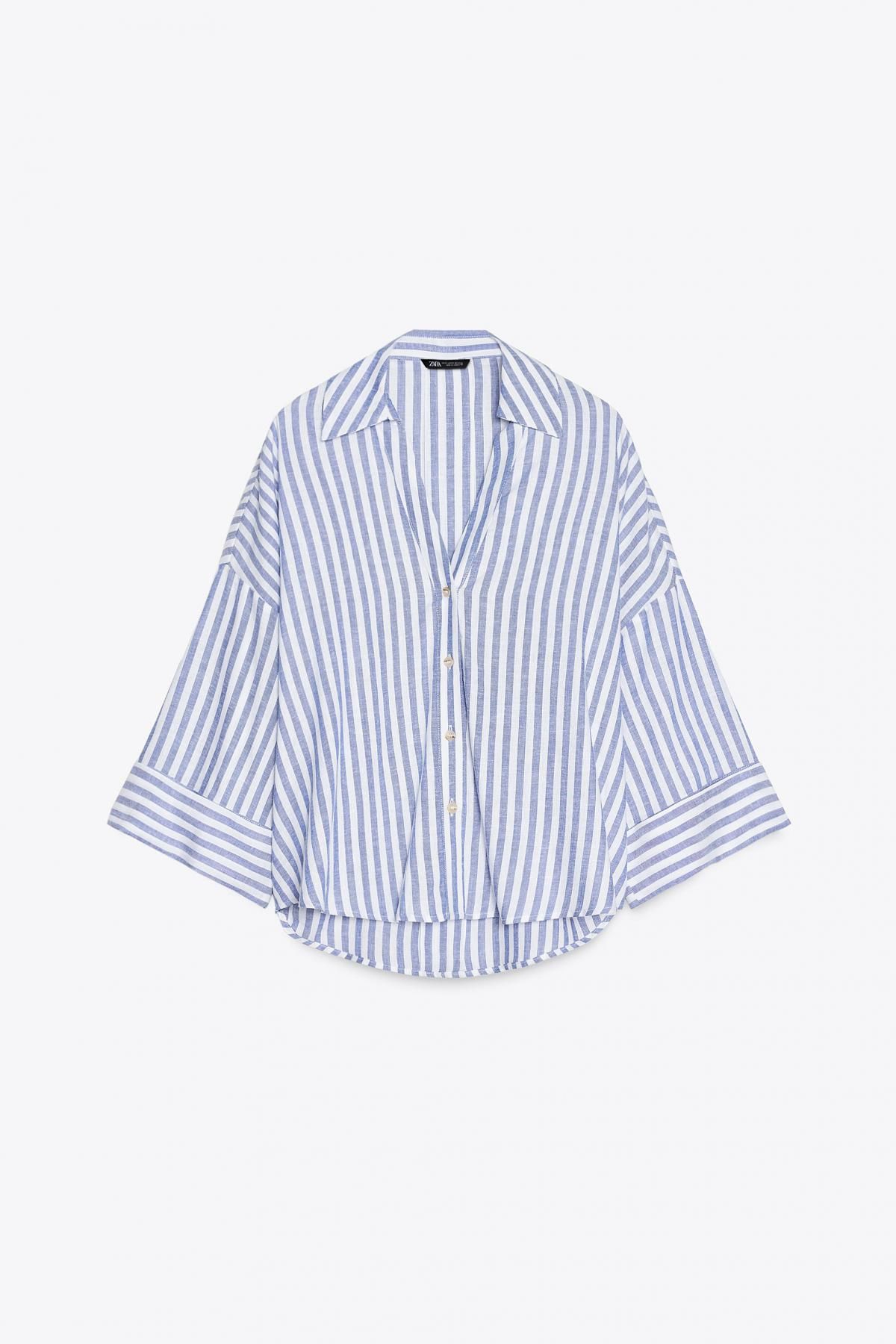 자라 스트라이프 린넨 블렌드 와이드 소매 셔츠 3457/734 BLUE/WHITE - 상품 이미지