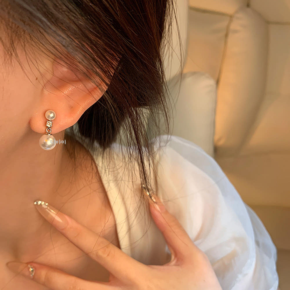 큐빅 더블 진주 드롭 귀걸이 무알러지 우아한 데일리 실버 이어링 이미지 7