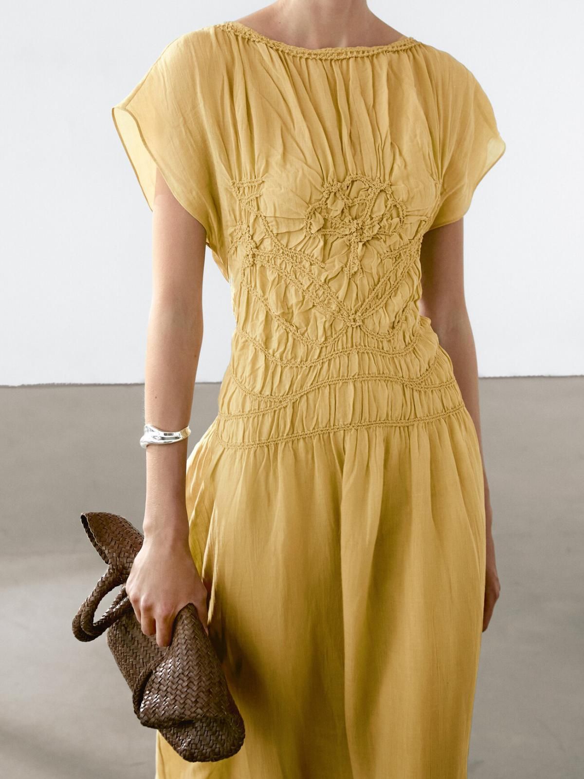 마시모두띠 플레어 자수 미디 원피스 6665/588 MUSTARD YELLOW - 상세 이미지 5