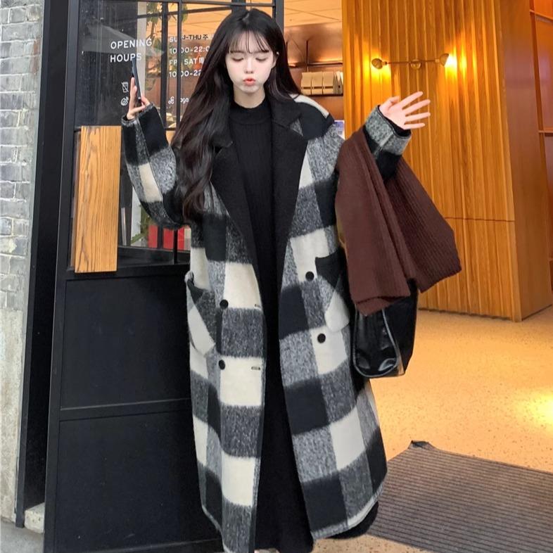 여성 빅사이즈 체크 격자 무늬 루즈핏 양모 롱코트 가을 겨울용 양면 아우터 블랙 앤 화이트 체크 M - 상세 이미지 5