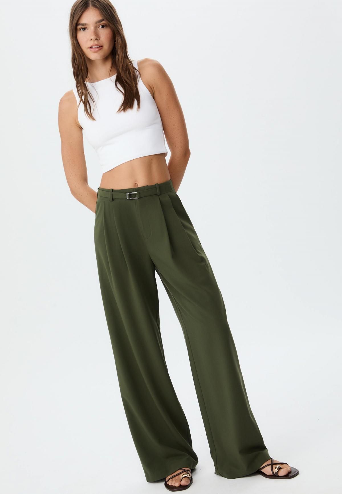 스트라디바리우스 테크니컬 하이웨이스트 버클 와이드 팬츠 1152/179 GREEN - 상세 이미지 4