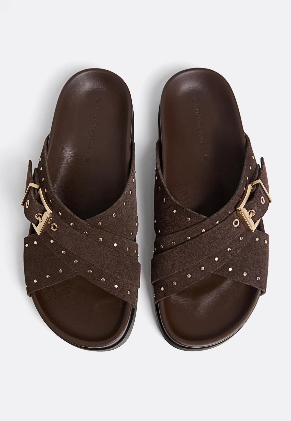 스트라디바리우스 브라운 스터드 레더 크로스 스트랩 슬라이드 샌들 9798/678 BROWN - 상세 이미지 3