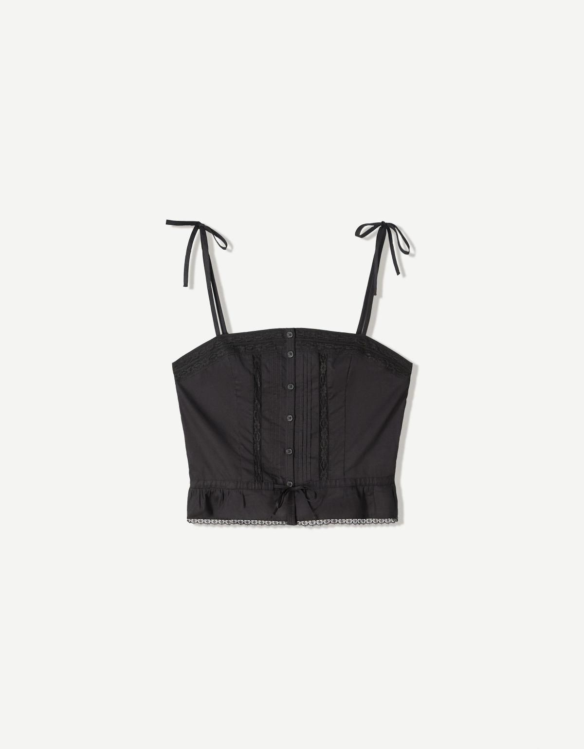버쉬카 레이스 스트랩 민소매 블랙 크롭 탑 3758/105 BLACK - 상품 이미지