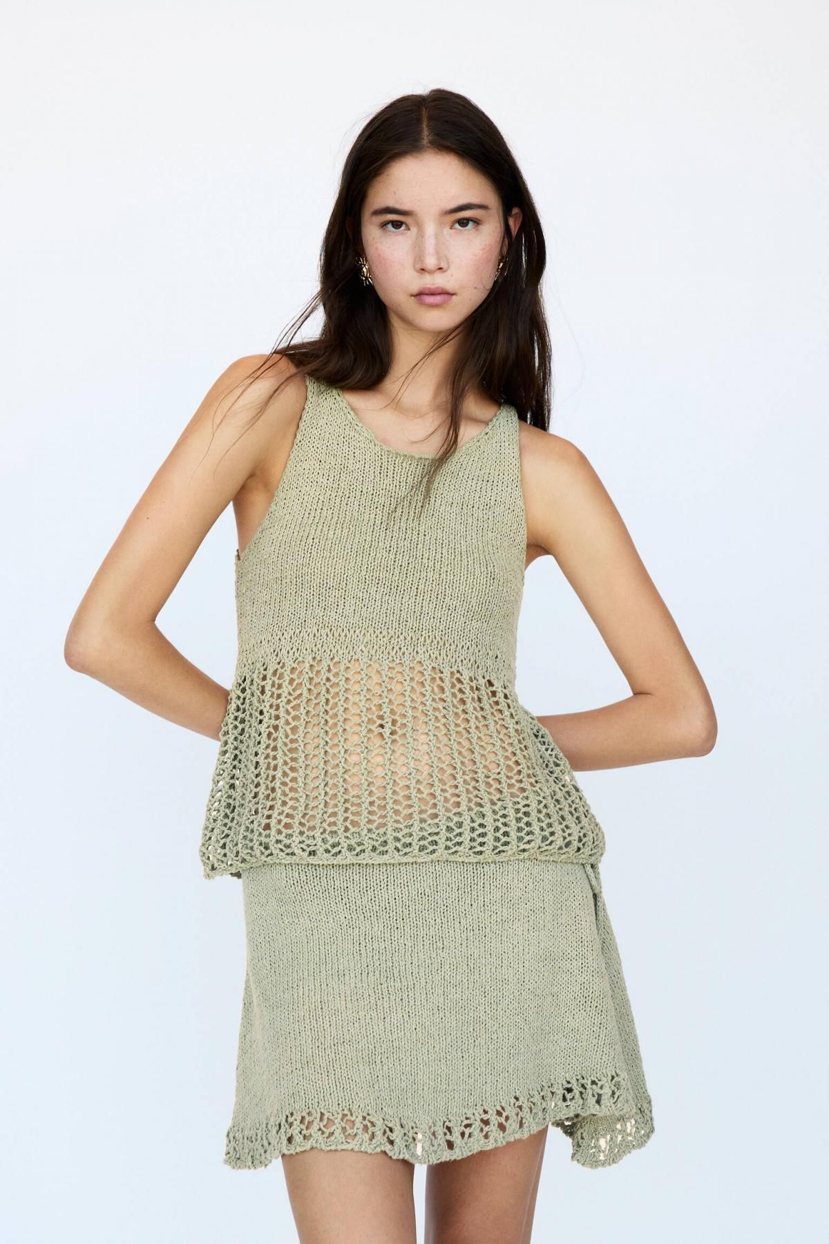 풀앤베어 오픈워크 니트 민소매 탑 7550/312 KHAKI - 상세 이미지 3