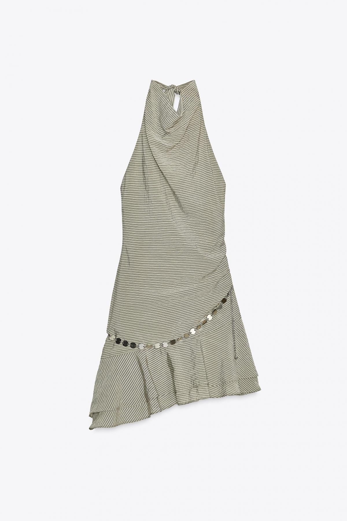 자라 메탈 벨트 스트라이프 홀터넥 미니 원피스 8066/246 BEIGE-BROWN - 메인 이미지