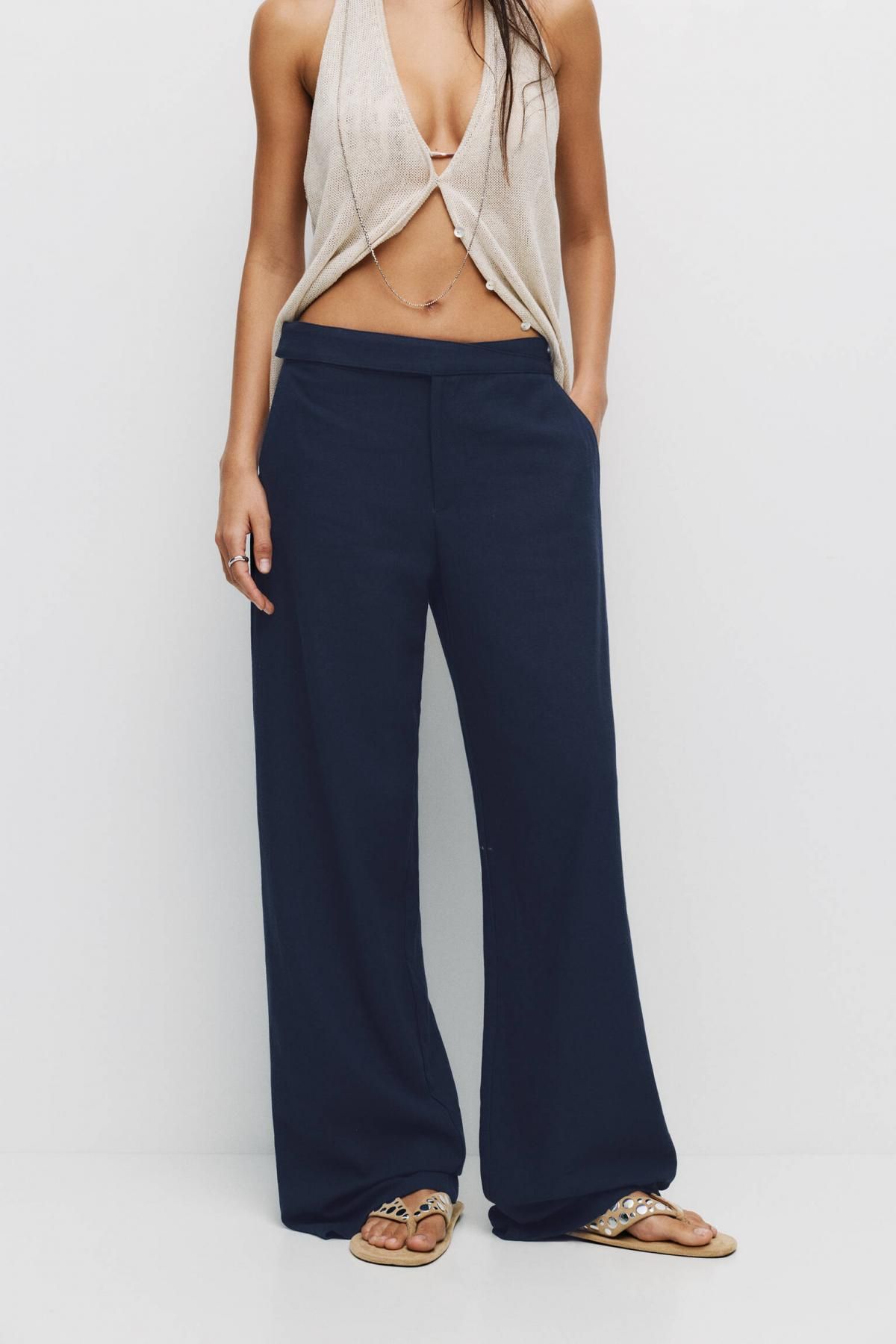 풀앤베어 린넨 블렌드 와이드 크로스 스트레이트 팬츠 7675/311 NAVY - 상품 이미지