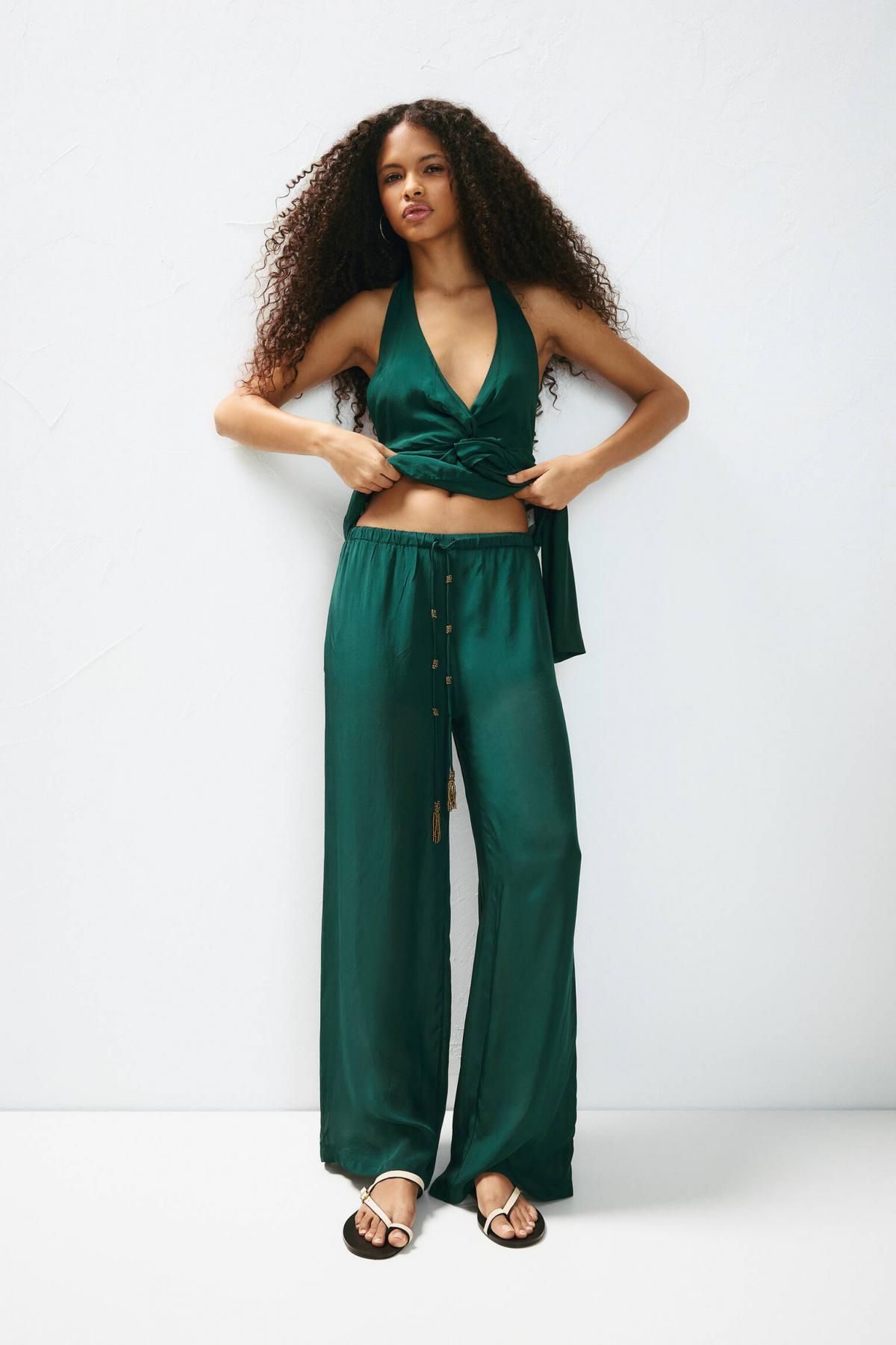 풀앤베어 비즈 스트링 플루이드 와이드 조거 팬츠 7675/345 GREEN - 상세 이미지 3