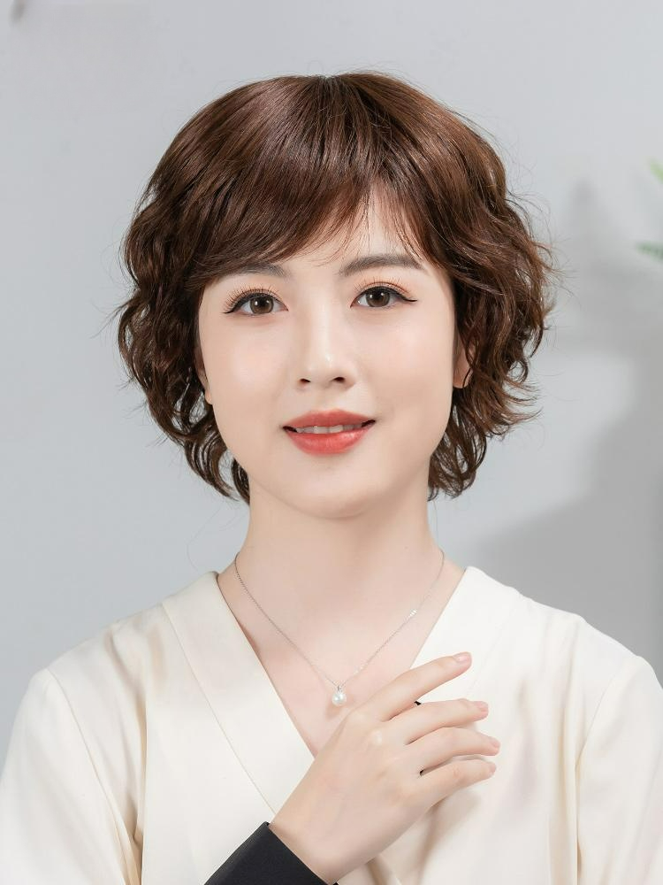 여성 인모 숏컷 웨이브 펌 가발 항암가발 엄마 다크브라운 손뜨개 기본 - 상품 이미지