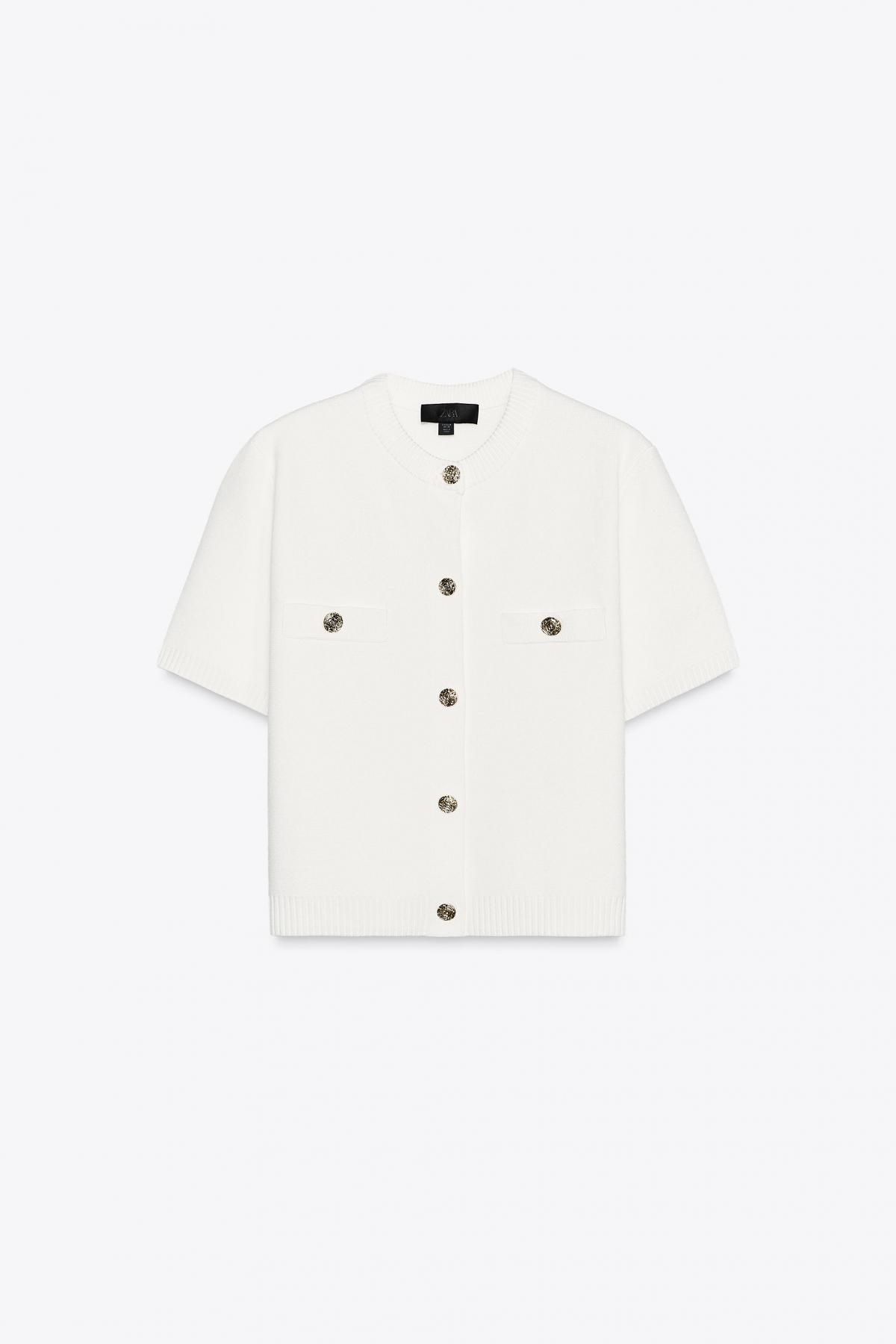자라 라운드넥 심플 반팔 니트 카디건 1822/022 WHITE - 메인 이미지