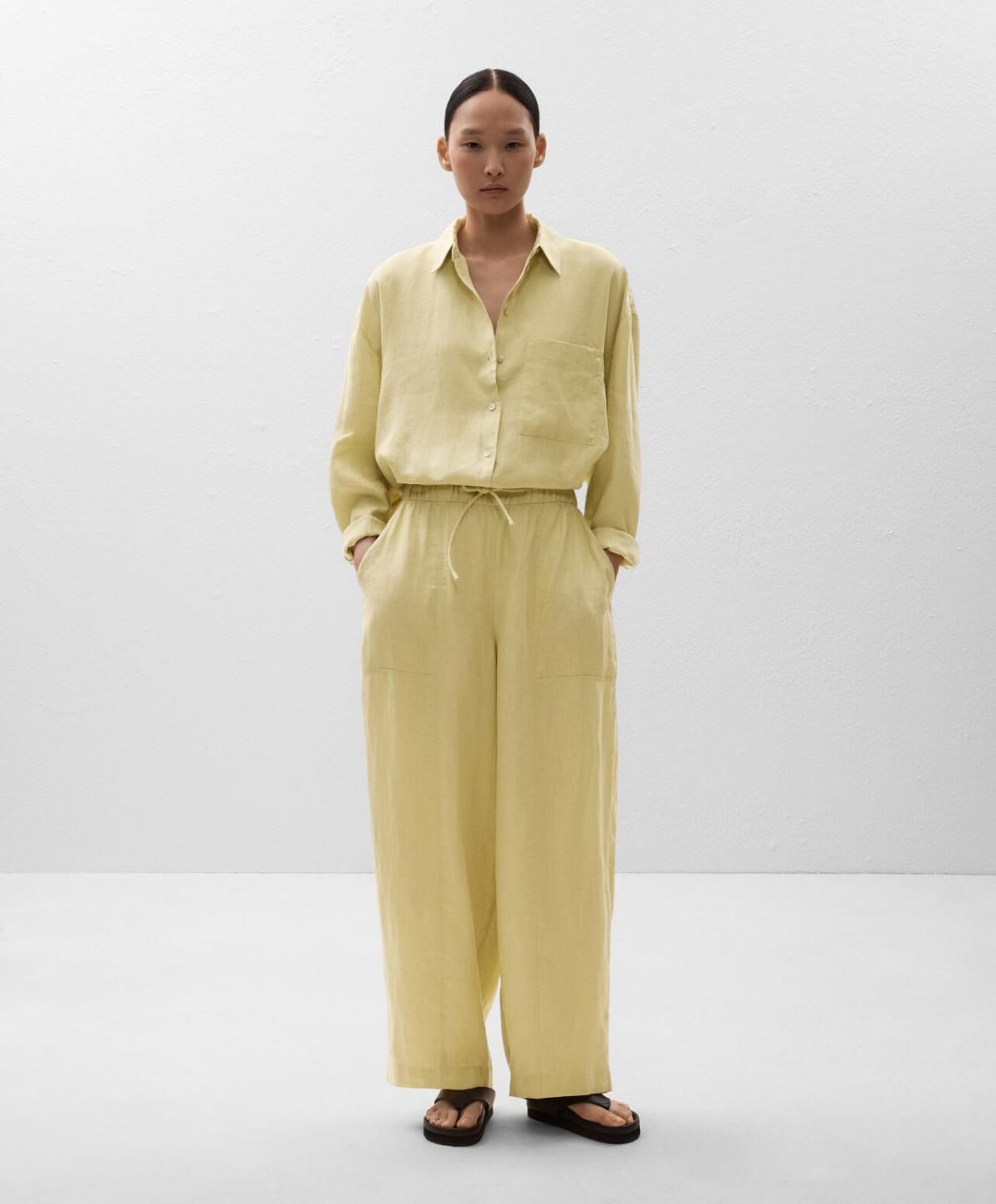 오이쇼 라이트옐로우 100 린넨 배럴 와이드 팬츠 3339/047 WASHEDLIME - 상세 이미지 5