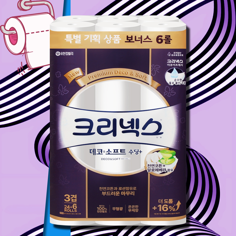 크리넥스 데코앤소프트 화장지 3겹 25m 30롤 1팩 수딩플러스 물에잘녹는 두루마리휴지  - 상품 이미지