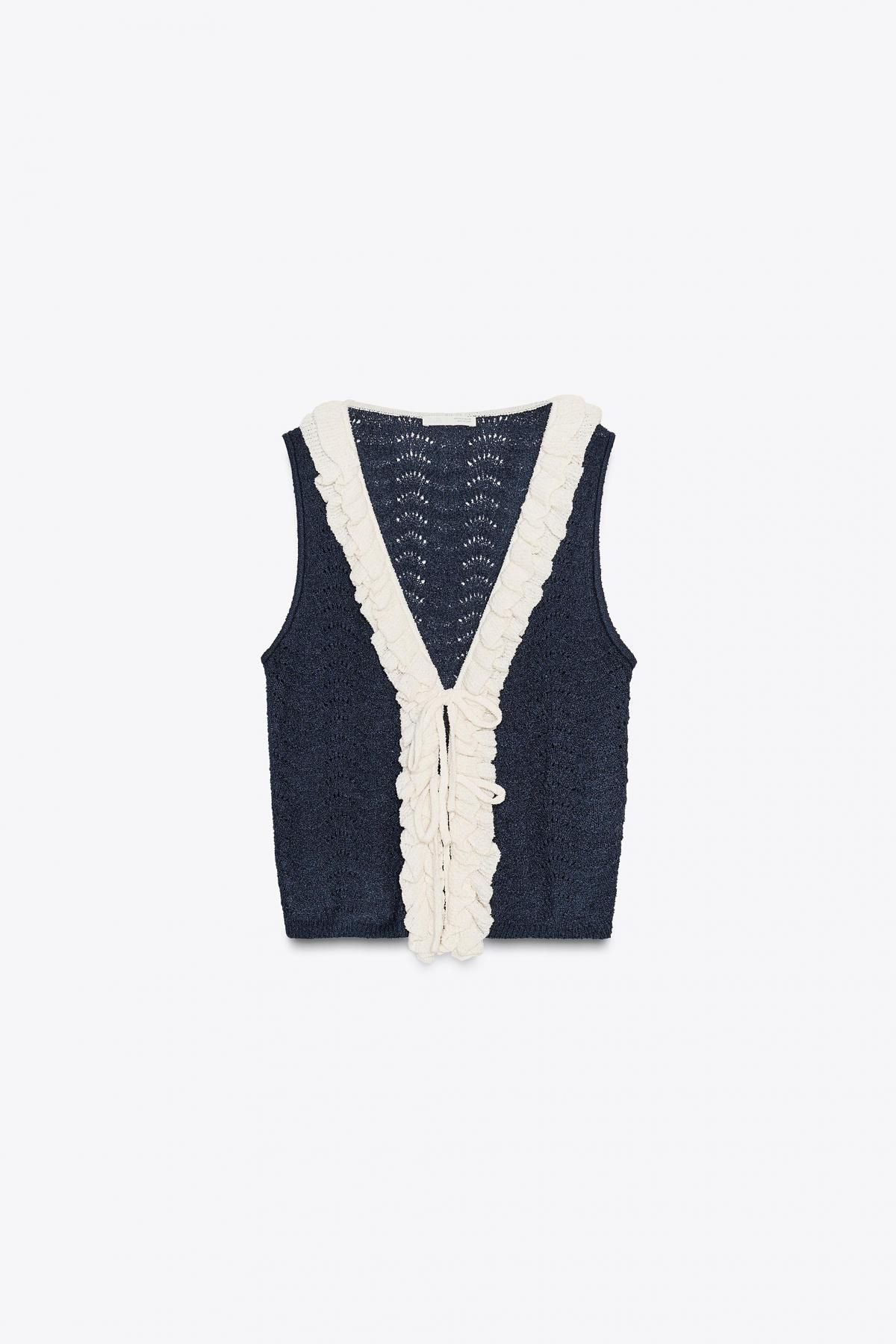 자라 콤비 러플 브이넥 민소매 탑 8779/636 ECRU / NAVY - 메인 이미지