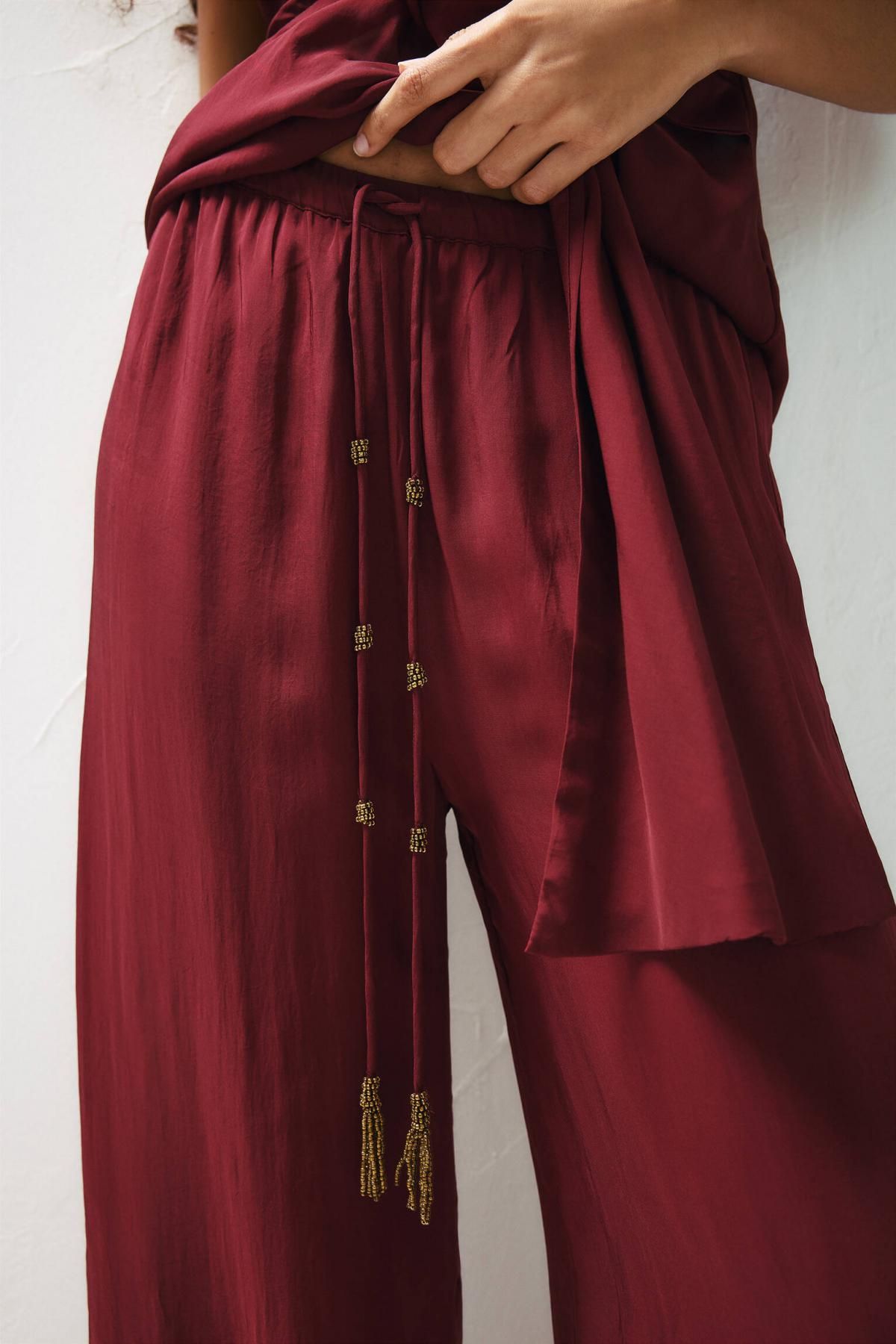 풀앤베어 버건디 플루이드 와이드 조거 팬츠 7675/345 MAROON - 상세 이미지 5