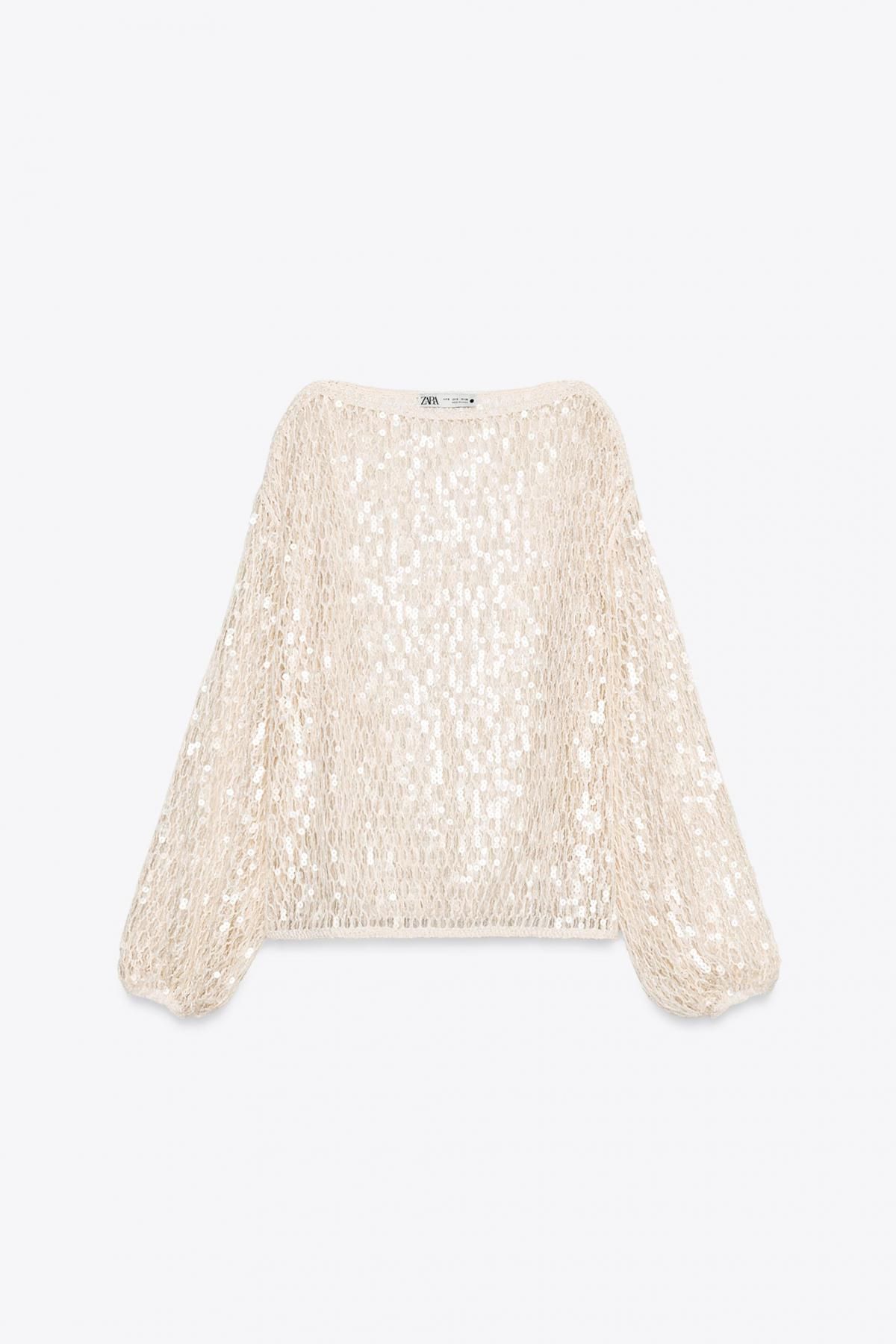자라 글리터 시퀸 보트넥 테크니컬 긴팔 블라우스 4831/040 BEIGE - 메인 이미지