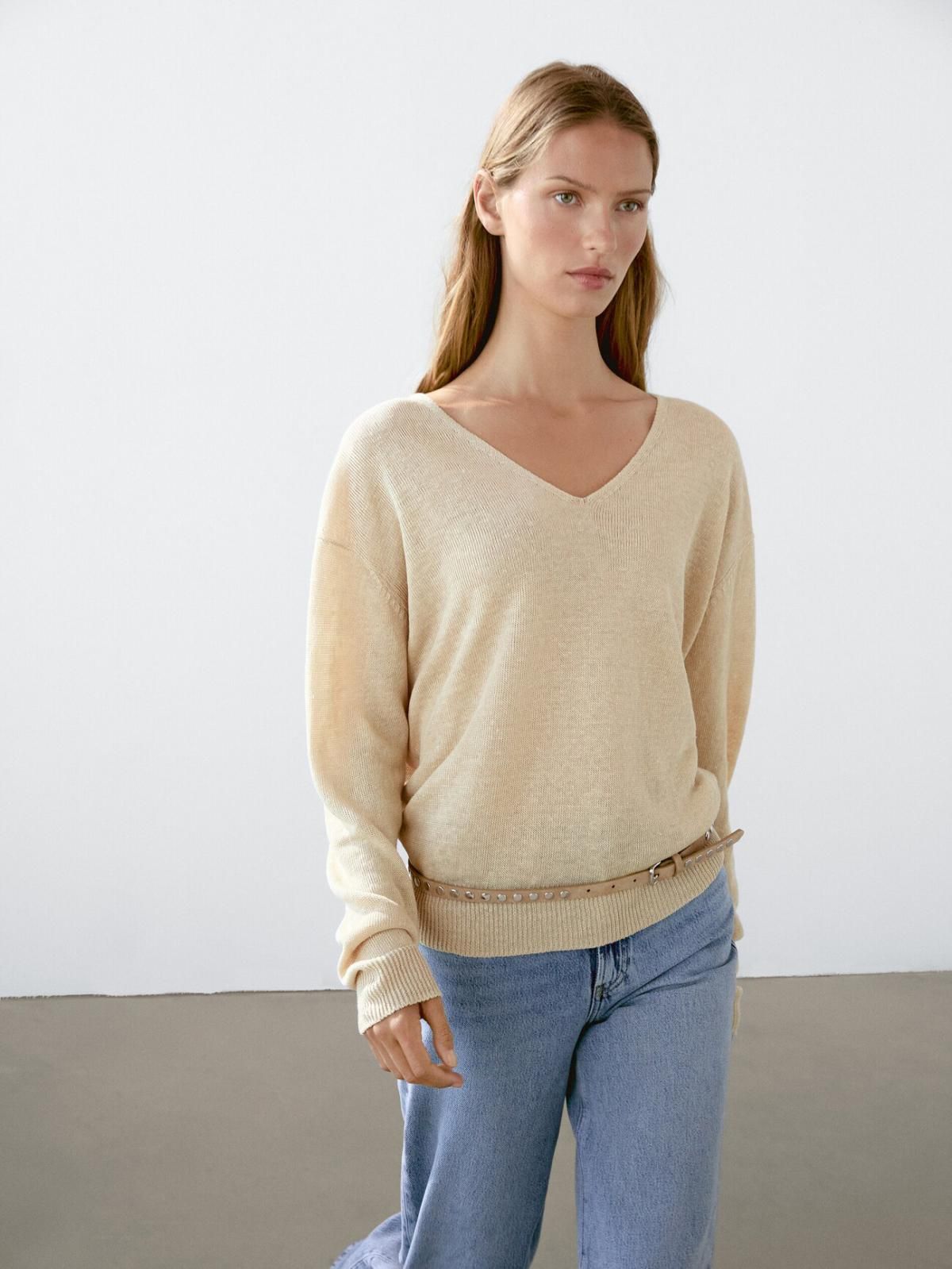 마시모두띠 린넨 브이넥 미니멀 니트 베이지 5602/648 SAND - 상세 이미지 3