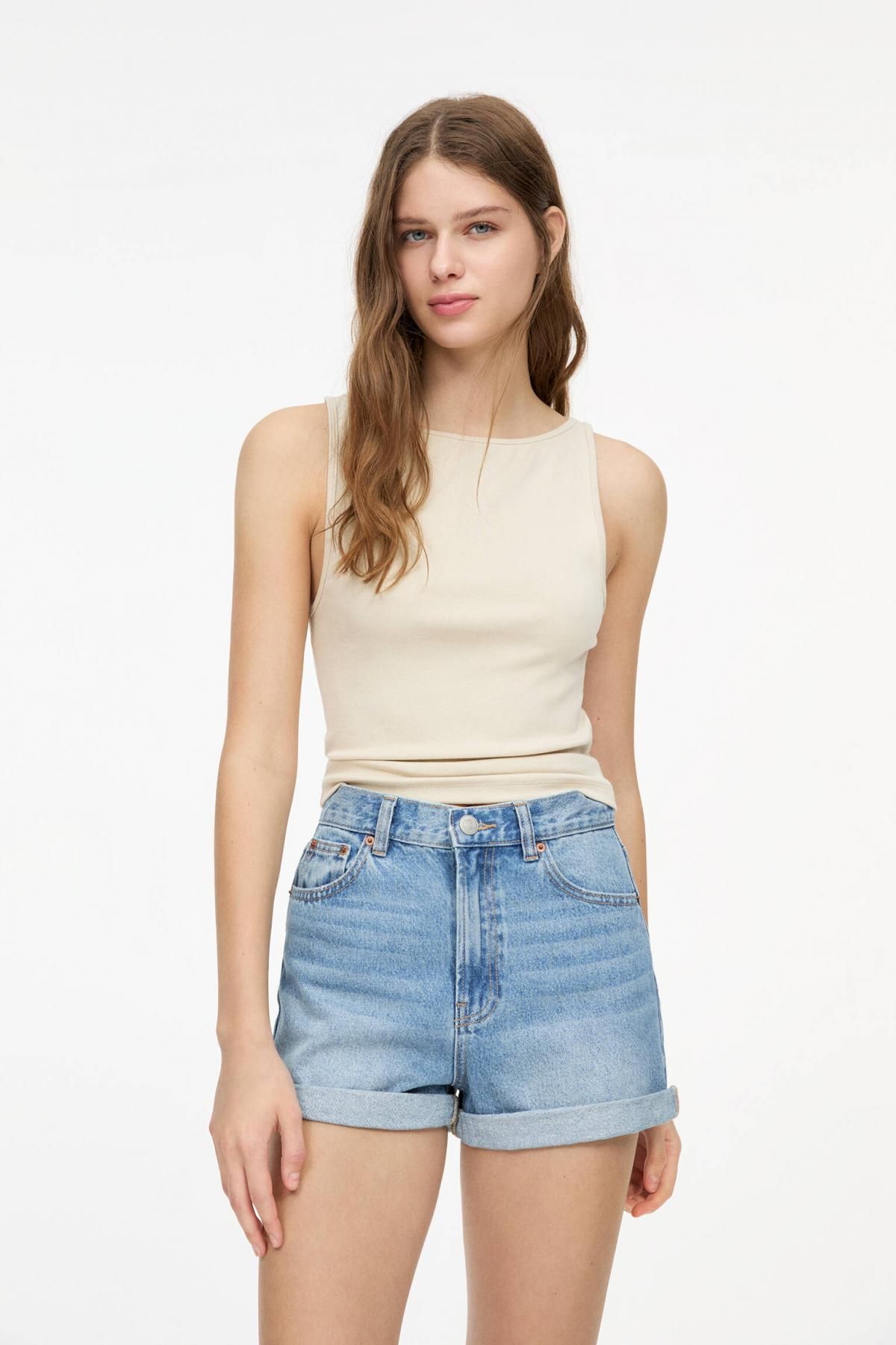 풀앤베어 트렌디 하이웨이스트 데님 턴업 맘핏 반바지 3697/302 MEDIUM BLUE - 상세 이미지 2