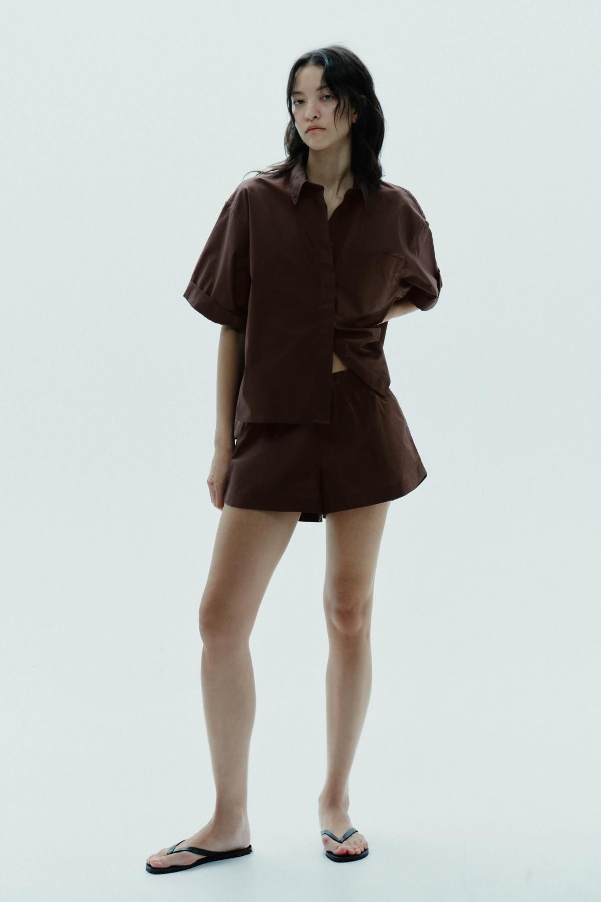 자라 미니멀 브라운 포플린 반팔 셔츠 7962/174 DARK BROWN - 상세 이미지 2