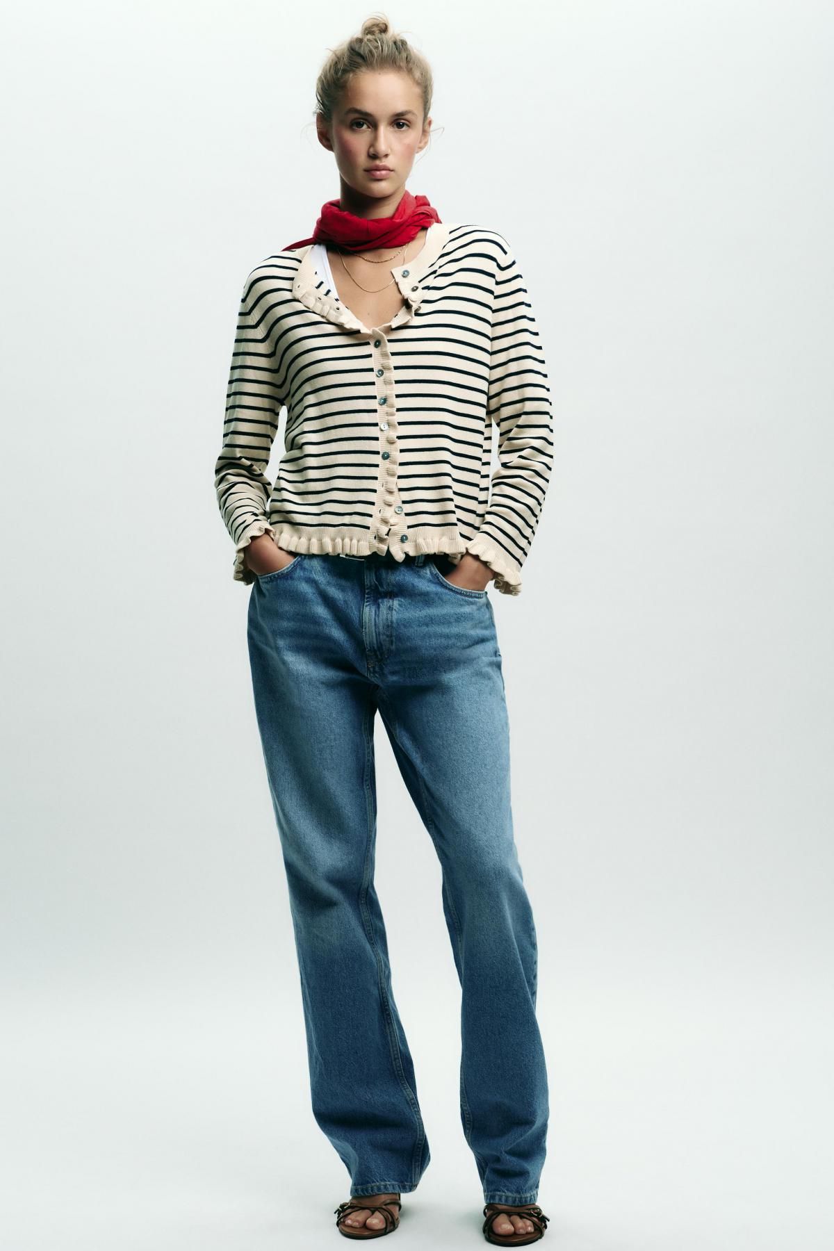 자라 스트라이프 러플트림 라운드넥 카디건 3433/100 STRIPED - 상세 이미지 2