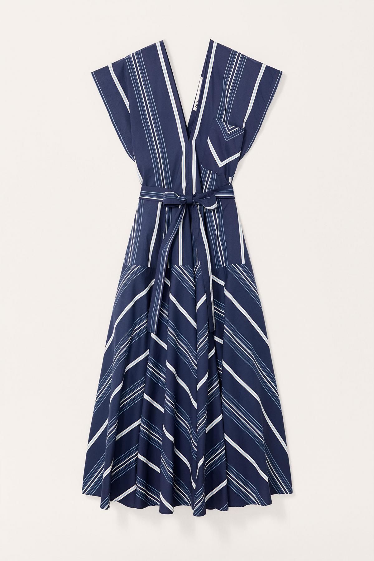 자라 스트라이프 코튼 미디 고데트 벨트 원피스 3764/709 NAVY BLUE - 메인 이미지