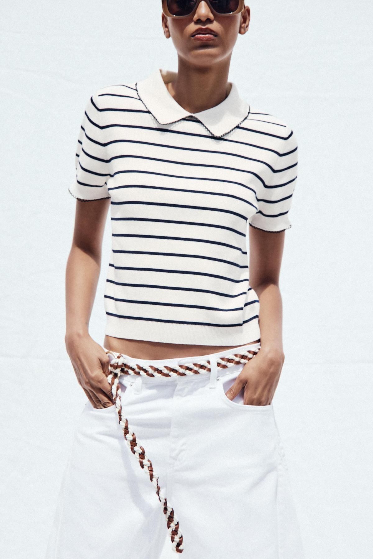 자라 스트라이프 카라 라인 배색 니트 반팔 탑 2142/040 STRIPED - 상세 이미지 3
